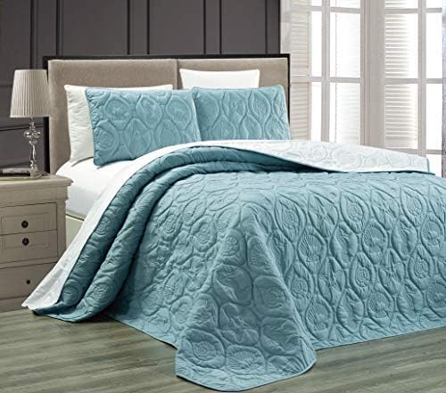 GrandLinen 3-Piece Tropical Coast Seashell Beach King Oversize Bedspread SPA Blue Reversible Coverlet Embossed Bed Cover Set. Sea Shells, Sea Horse, Starfish etc.