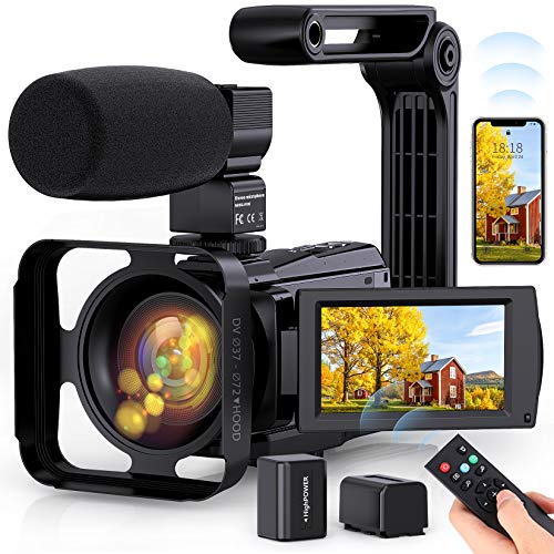 4K Video Camera WiFi Camcorder, Vlogging Camera 48MP 60FPS IR Night Vision IPS Touch Screen for YouTube, Digital Camera with 16X Digital Zoom, Microphone, Stabilizer, 2.4G Remote Control, 2 Batteries