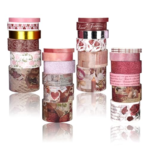 Washi Tape Set 24 Rolls Red Vintage floral Journaling Supplies for Christmas Valentines Day Journaling Supplies Journal Scrapbook Tape Bullet Journaling Scrapbooking Supplies DIY Art Decorative