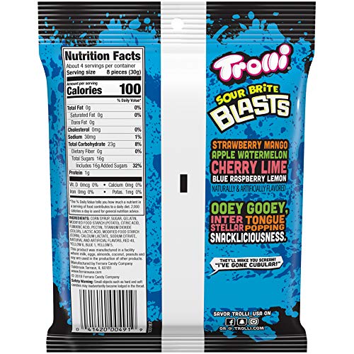 Trolli Sour Brite Blasts Gummy Candy, (00491) Cherry/Lime, Strawberry/Mango, Apple/Watermelon, Blue Raspberry/Lemon, 4.25 Ounce
