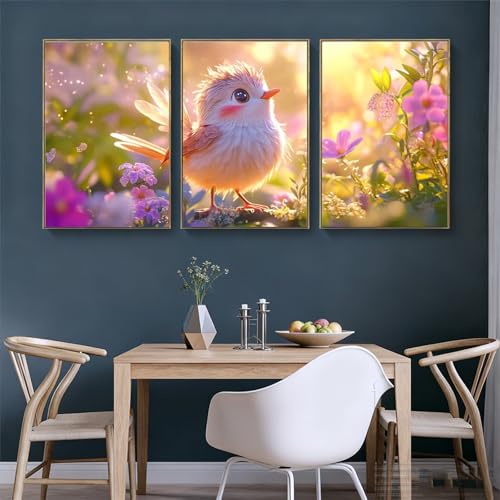 Tableaux Moderne Abstrait salon triptyque oiseau coloré - 3
