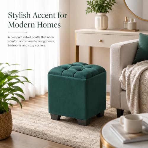Image of Velvet Cube Ottoman | Seating Stool for Living Room | Soft Cushioned Footrest Stool with Durable Plastic Legs | Multipurpose Seating, Side Table & Pouffe Home Decor, 12x12x14 inch (Green)
