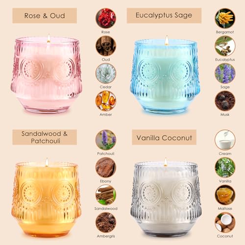 4 Pack Luxury Scented Candles Gift Set - 7oz Soy Wax Candles in Glass Jars, Gifts for Women - Vanilla Coconut, Eucalyptus Sage, Rose Oud, Sandalwood Patchouli