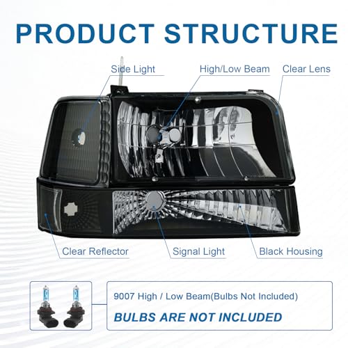 Image of Headlights Compatible with 1992-1996 Ford F150 F250 F350 &1992-1996 Ford Bronco Replacements Headlamp Clear Reflector Black Housing