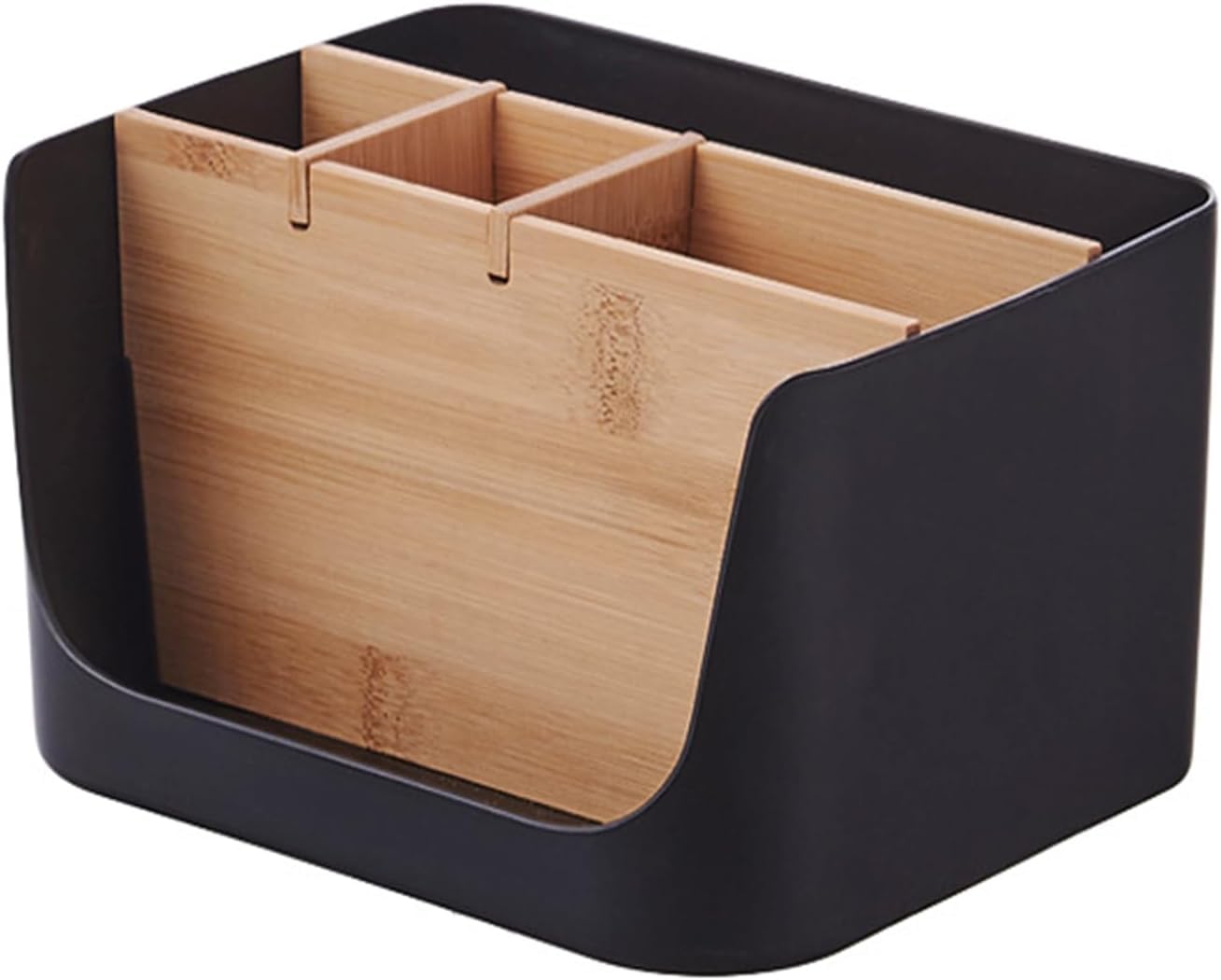 Organizador de Escritorio de Madera, Organizador de Escritorio, Organizador de Mesa de Bambú, Escritorio Portalápices, 5 Compartimentos, para Oficina, Sala de Estar y Dormitorio, En Forma de U, Negro