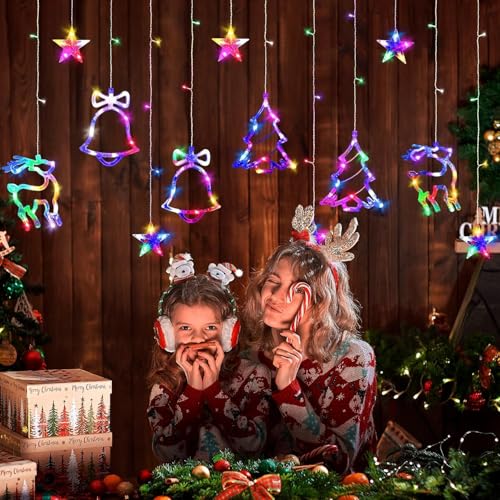 Image of Christmas LED Lights - 138 LEDs with Star, Jingle Bell, Reindeer, and Christmas Tree Designs | 8 Lighting Modes for Home, Bedroom, Wedding, and Party Decorations (Multi Color)