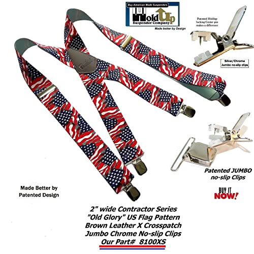Holdup Contractor Series Old Glory Xs 2" Wide X-Back Work Suspenders With Usa Patented No-Slip Clips #TOP5