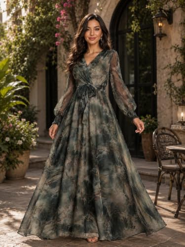 Image of LITZO Women's One Piece Dress - Georgette Floral Printed Western Gown | Long Sleeve V Neck Fit & Flare Flared Hem Design | A-Line Maxi Dress for Women | New Year Party Outfit (NO-08-10)