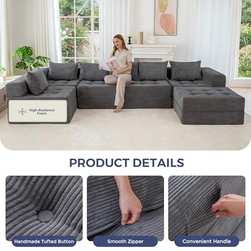 Image of MAXYOYO Modular Sectional Sofa Couch, Foldable U Shaped Cloud Couch with Pillows, Tufted 7-Seat Boneless Lounger Floor Sofa Bed for Living Room, No Assembly Required, Dark Grey