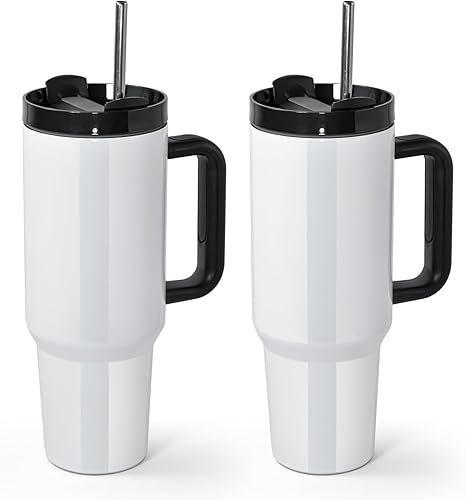 AGH Paquete de 2 vasos de sublimación de 40 onzas con mango negro y popote de acero inoxidable, vasos aislados de doble pared reutilizables al vacío