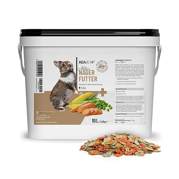 ReaVET Natur Nagerfutter 10 Liter - Kaninchenfutter, Meerschweinchen Futter, Hamster, Nager - Artgerecht mit Gemüseflocken, Kräutern, Getreide, und Luzerne, Ohne künstliche Zusätze