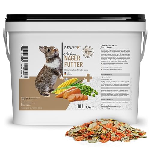 ReaVET Natur Nagerfutter 10 Liter - Kaninchenfutter, Meerschweinchen Futter, Hamster, Nager - Artgerecht mit Gemüseflocken, Kräutern, Getreide, und Luzerne, Ohne künstliche Zusätze