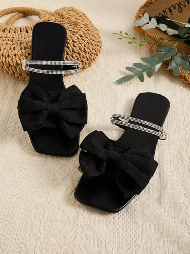 GORGLITTER Women's Bow Flat Sandals Dressy Rhinestone Slides Comfort Sandals Cute Slip On Shoes4