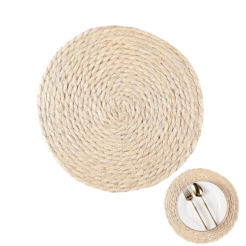 Salvamantel Redondo Trenzado de Jacinto de Agua Natural Mantel Individual Tejido a Mano Estilo Bohemio y Rústico, para Mesa de Comedor Cocina o Terraza,35cm