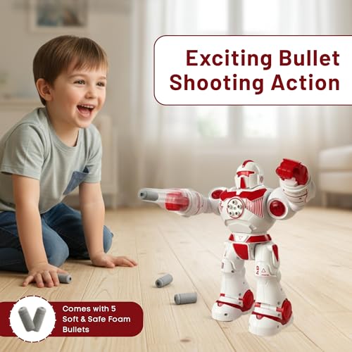 Image of Lilplay Robot Toy for Kids with Shooting Bullets, Action Robot with Lights & Music, 360 Moving Battery Operated Toy Figure with AI Eyes, Birthday Gift for Boys & Girls (Red)