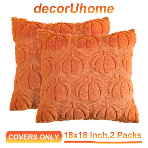 Image of decorUhome Fall Decorative Orange Pumpkin Throw Pillow Covers 18x18 Set of 2, Soft Faux Fur Plush Farmhouse Accent Pillow Cases for Couch Bed Sofa Autumn Harvest Halloween Holiday Home Decor