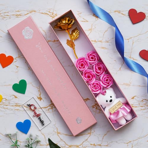 eCraftIndia Valentine Gift for Girlfriend Boyfriend Golden Rose Pink Rose Flowers Teddy Bear You and Me Together Gift Box| Valentine Day Gift for Husband Wife Her Him | Valentine Day Decoration Items 6 519RQUtCEVL