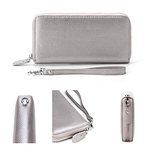 Moflycom Womens Wallet Rfid Blocking Genuine Leather Zip Around Wallet Clutch Wristlet Travel Long Purse For Women Silver Gray #TOP2