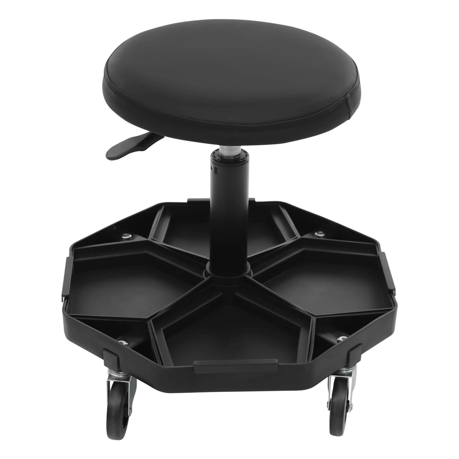 Sgabello da officina con ruote, altezza regolabile 45 – 58 cm – Sgabello girevole da officina con ripiano per attrezzi, 4 ruote, portata fino a 150 kg, per garage, officina e casa