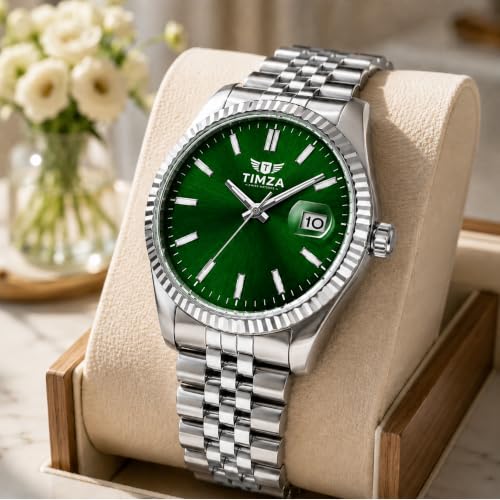 Image of Classic Green Dial Quartz Watch for Men with Stainless Steel Two Tone Bracelet (Silver-Golden), Magnified Date Window & Water Resistant Build