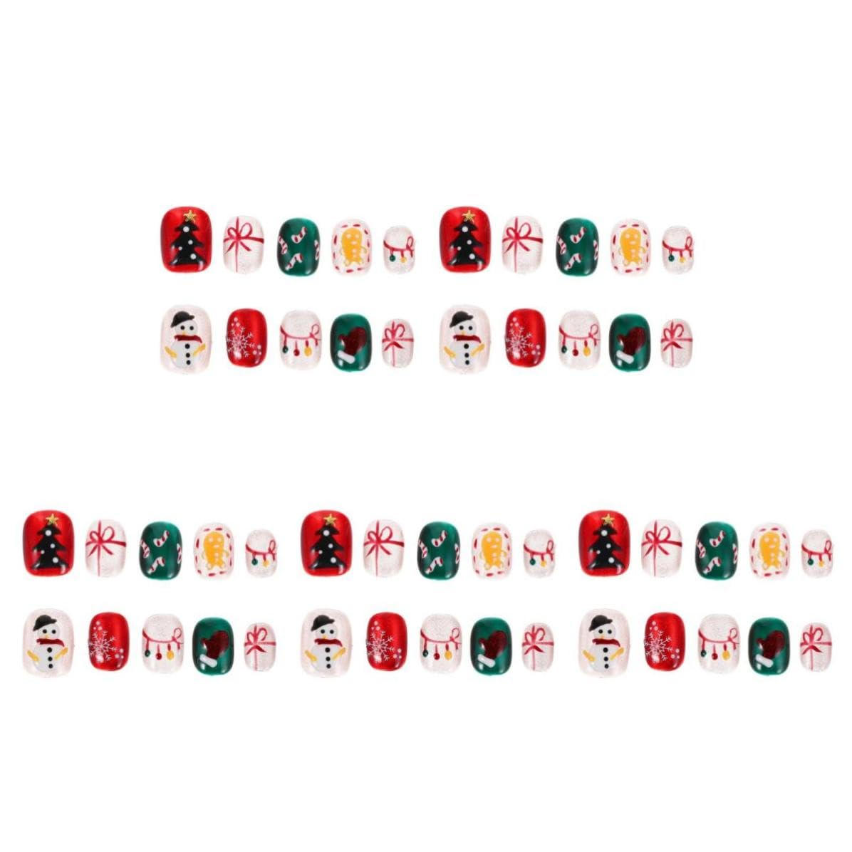 5 Sets Künstliche Weihnachtsnägel zum Aufkleben, Kurz Rund,