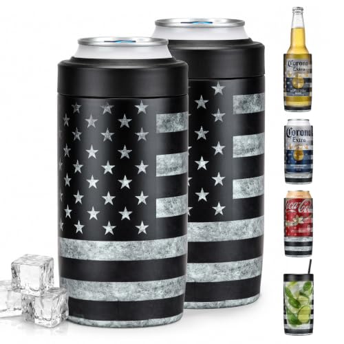 Image of 4-in-1 Slim Can Cooler Easy to Hold Insulated Beer Can Holder Double-Walled Stainless Steel for All 12 Oz Cans (America Flag 2PC)