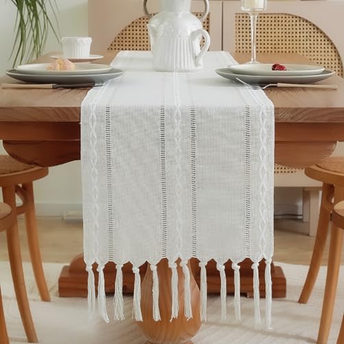 meioro Rustic Table Runner with Tassels, 33x143cm Farmhouse Boho Table Runners Braided Striped