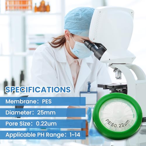 Image of PES Membrane Syringe Filter 25mm Diameter 0.22um Pore Size Syringe Lab Filter for Laboratory School Science, Pack of 10 (Model AMPE02225)
