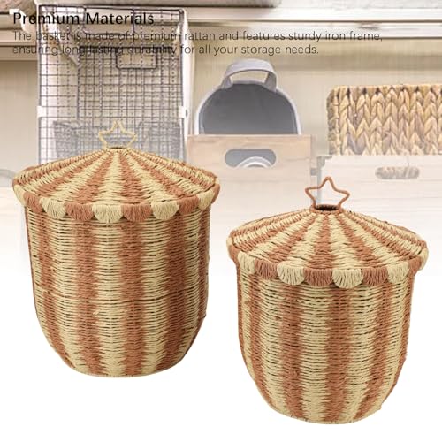 Panier de rangement en rotin et fer avec couvercle marron