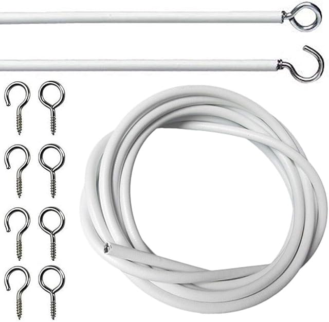 KEPLIN Net Curtain Wire - 3 Metre Length, with 8 Eyes and 8 Hooks included