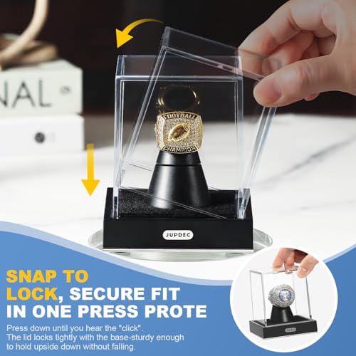 Image of JupDec Championship Ring Display Case, Clear Acrylic Single Ring Holder with Durable Base, Dustproof Cube Showcase with Black Velvet Interior, Ideal Gift for Sports Memorabilia Fans