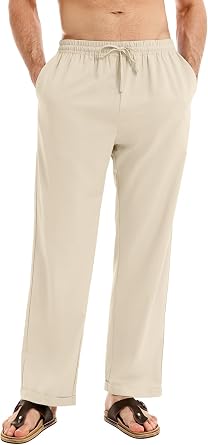 Auxo Mens Linen Pants Casual Beach Summer Pants Elastic Waist Trousers