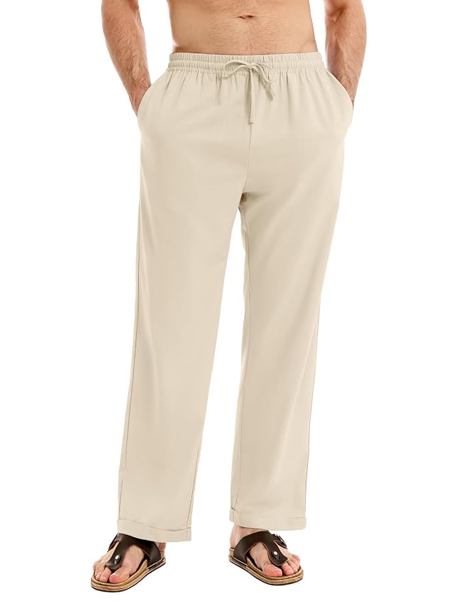 Auxo Mens Casual Linen Pants Elastic Waist Drawstring Beach Summer Pants Lightweight Linen Cotton Trousers