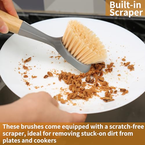 Image of 2 Pack Kitchen Dish Brush Bamboo Handle Dish Scrubber Built-in Scraper | Scrub Brush for Pans, Pots, Kitchen Sink Cleaning, Dishwashing and Cleaning Brushes are Perfect Cleaning Tools, Color-Gray