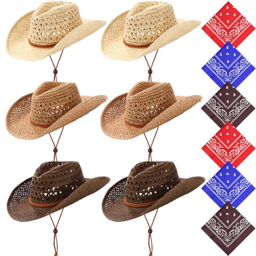 Image of Newcotte 6 Set Straw Cowboy Hats and Bandanas for Women Western Cowgirl Beach Sun Hat Bulk with Windproof Rope for Party Travel