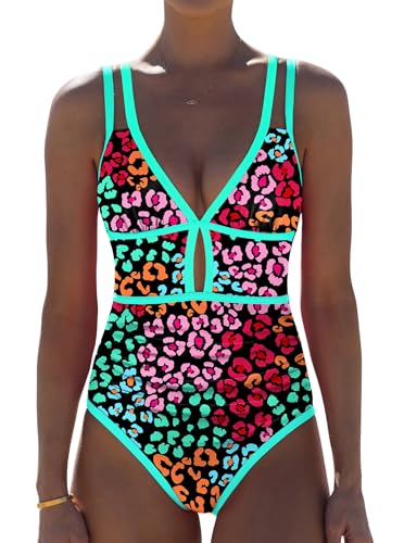 Image of popvil Women One Piece Swimsuit 2026 Tummy Control Sexy Cutout Neon Color Block Bathing Suit Slimming Adjustable Swimwear