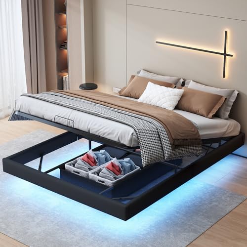 Generisch Cama tapizada de 160 x 200 cm sin cabecero, Cama de Matrimonio con LED, Estructura de Cama con somier de láminas, Estructura de Cama Flotante con Espacio de almacenaje