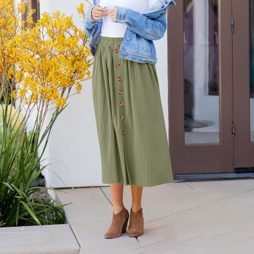 Women's Casual Elastic High Waisted Button Decor Skirt A-Line Pleated Flowy Beach Vacation Midi Long Skirts2