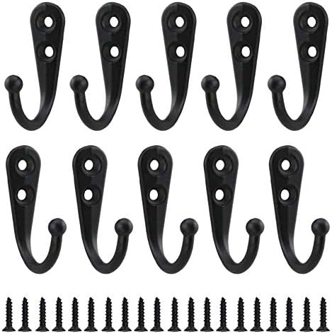 MaYuLa 10Pcs Coat Hooks Black Wall Mounted Hooks with 20 Screws Single Prong Robe Hooks for Hanging Vintage Metal Clothes Hat Door Hooks Hangers for Kitchen Bathroom Bedroom Scarf Bag Towel Key Caps