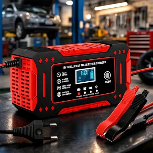 Carregador De Bateria Automotivo, Bivolt, Inteligente 12V 6A Para Carros E Motos Com Tela Digital, Sobrecarga Superaquecimento, Linha Premium Automotiva (Vermelho)