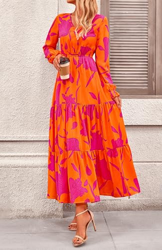 BTFBM Women Fall Dresses 2025 Casual Long Sleeve V Neck Maxi Dresses Floral Boho Long Dress Wedding Guest Dress