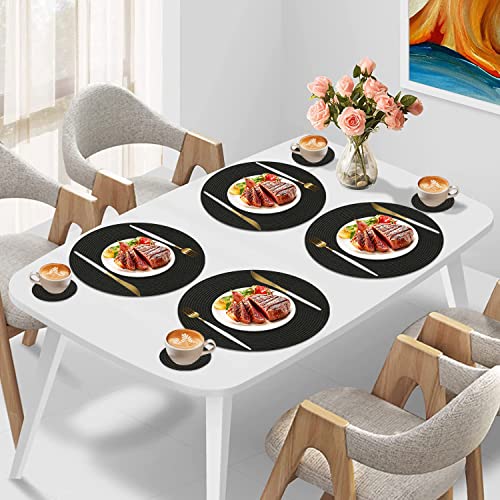 Homcomodar Round Placemats and Coasters Set of 6 Braided Woven Table Place Mats for Dining Table(Black)