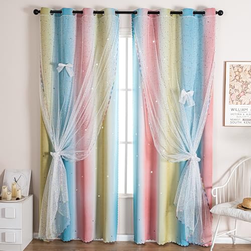 Image of Mix & Match Double Layer Laser-Cut Stars Gradient Blackout Curtains with Foil Print Sheer, 2 Panels Set for Bedroom, Nursery, Living Room - Yellow Blue Pink, 52W x 95L