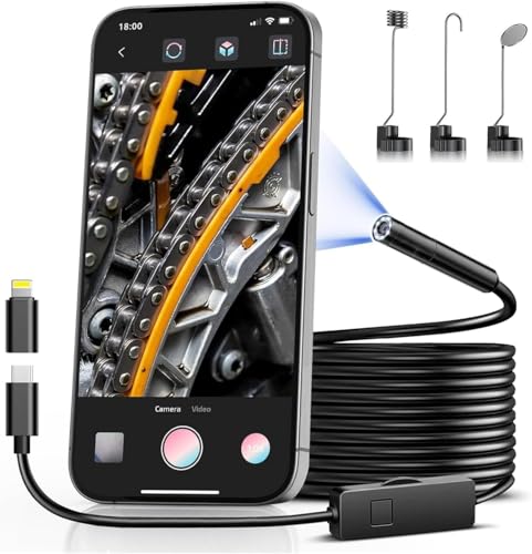 Deraweey Endoscope Camera with Light, Industrial Endoscope, 8mm 1920P HD IP67 Waterproof Borescope with 8 Adjustable LED Lights, Inspection Camera for iPhone, iPad and Android Devices（16.5ft）