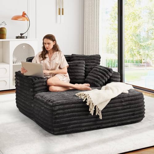 Image of JEEOHEY 56 inch Oversized Chaise Lounge Chair Indoor,Plush Faux Fur Sleeper Sofa Couch Bed with Pillows&Wide Armrests,Fluffy Comfy Cloud Couch,Compression Foam Couch for Living Room,Bedroom(Black)