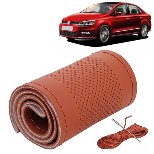 Image of KINGSWAY PU Leatherite Car Steering Cover Sewable Compatible with Volkswagen Vento (Year 2017 Onwards), Tan Color with Tan Thread, Pack of 1 with Sewing Needle and Thread