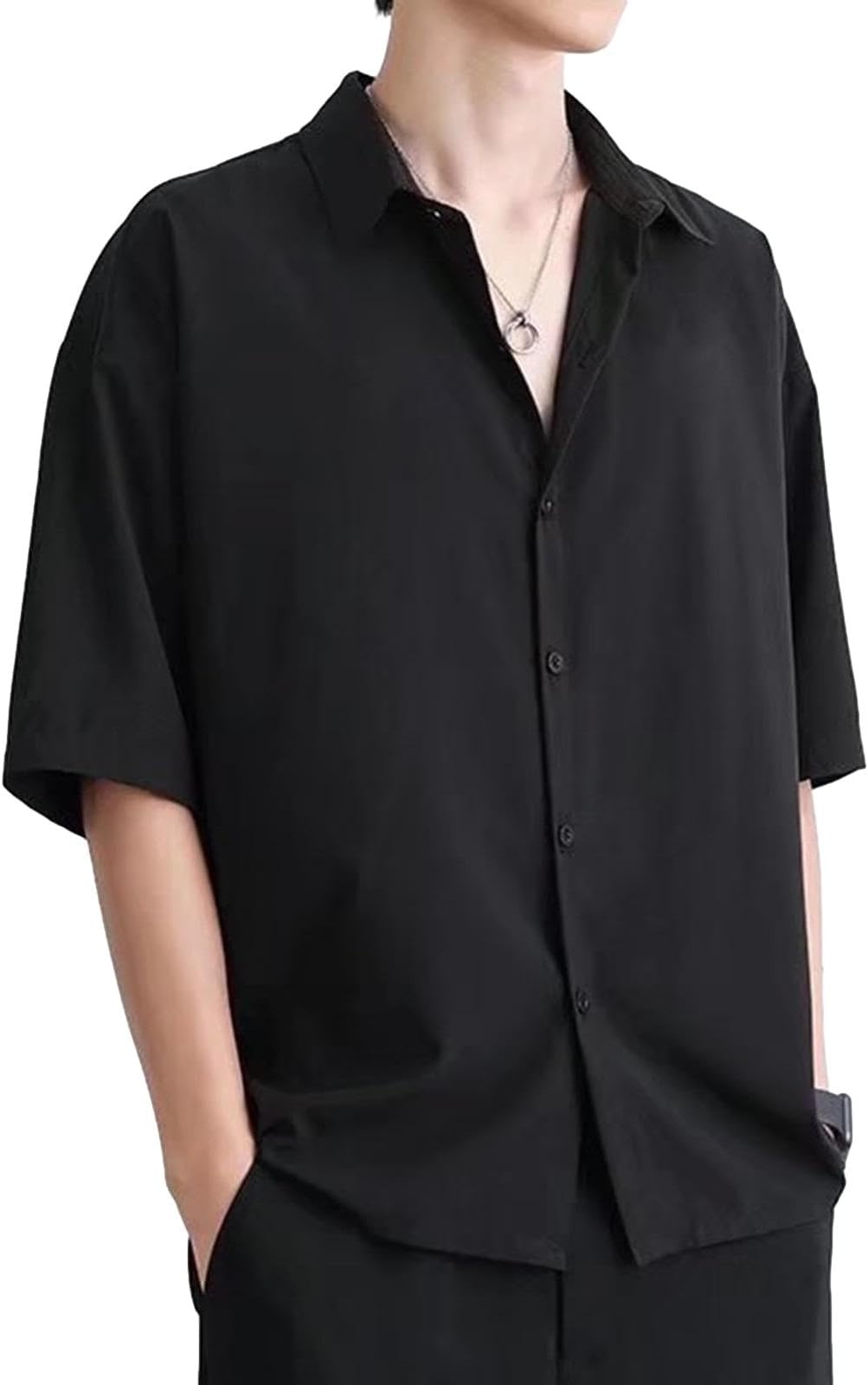Men's Shirt, Short Sleeve, Half Sleeves, Button Down, Casual, Loose, Open Front, Solid, Cool, Basic, Simple, Business, Cool Biz