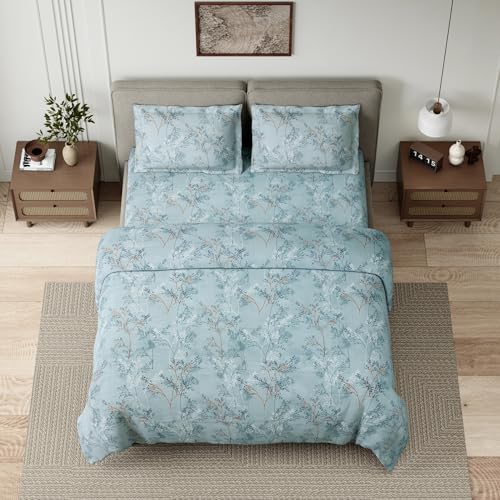 Image of Haus & kinder Double Bedsheet for Queen Size Bed | 90 x 100 Inches 144 TC Cotton Bedsheet for Double Bed with 2 Pillow Covers - Serene Branch Green