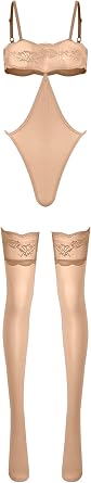 Vxuxlje Womens Sexy See Through Cut Out Bodysuit with Thigh High Stockings Night Club Wear