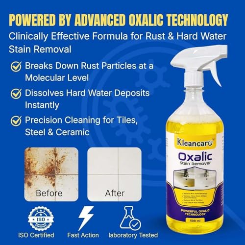 Image of Oxalic Acid Stain Remover Spray 500ml (Trial Pack) | Removes Rust, Hard Water & Yellow Stains | Limescale Cleaner for Bathroom, Tiles, Sink, Tap & Kitchen | Heavy Duty Multipurpose Cleaner
